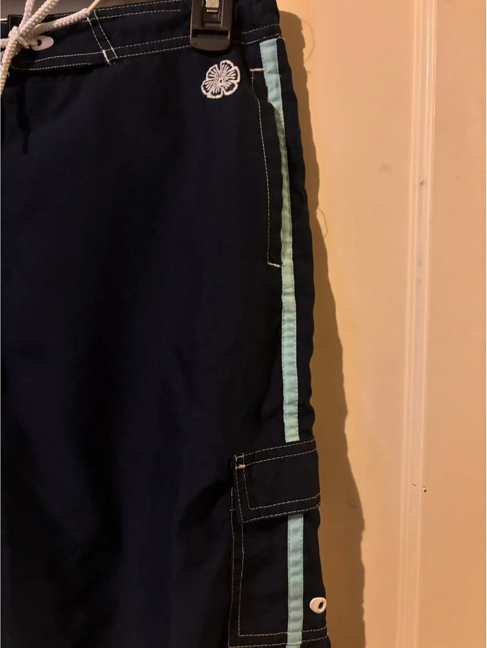 Navy Blue Swim Trunks with Light Blue Side Stripes and Cargo Pocket